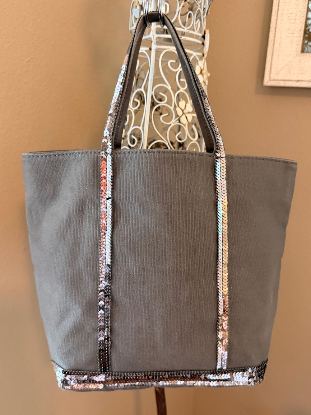 Vanessa Bruno Gray Canvas Cabas Small Tote Bag with Sequin Trim